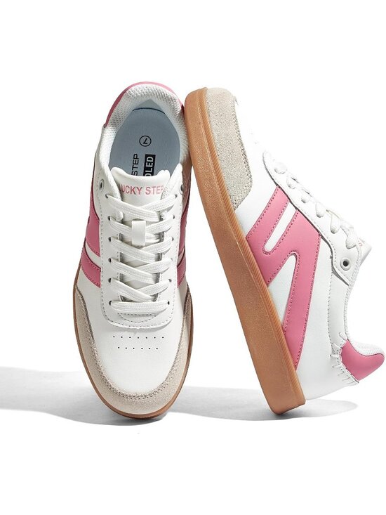 Shoes - Women's White Pink Leather Lace Up Classic Retro Gum Sole Fashion Sneakers